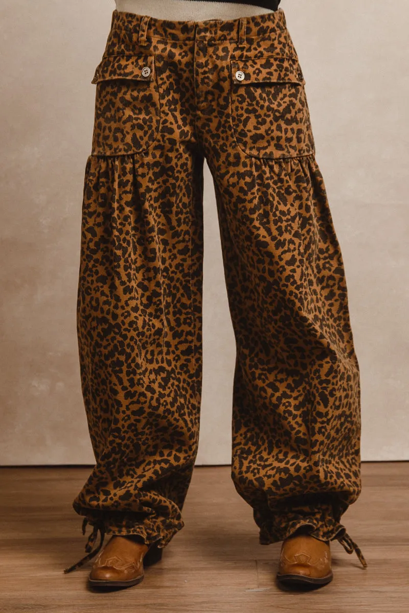 Easy Travel Weather Flex IB1150R-07 | WASHED LEOPARD DENIM WIDE LEG PANTS WITH TIE HEM DETAIL