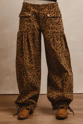 IB1150R-07 | WASHED LEOPARD DENIM WIDE LEG PANTS WITH TIE HEM DETAIL Functional Layer Eco-Friendly Material