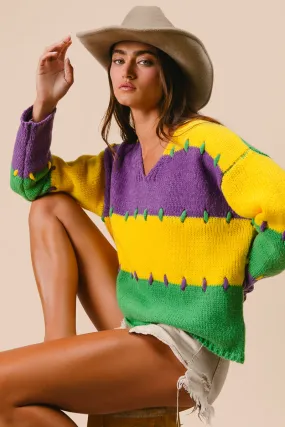 All Day Comfort Stretch fit IT3156-01 | STITCH DETAIL MARDI GRAS STRIPES SWEATER