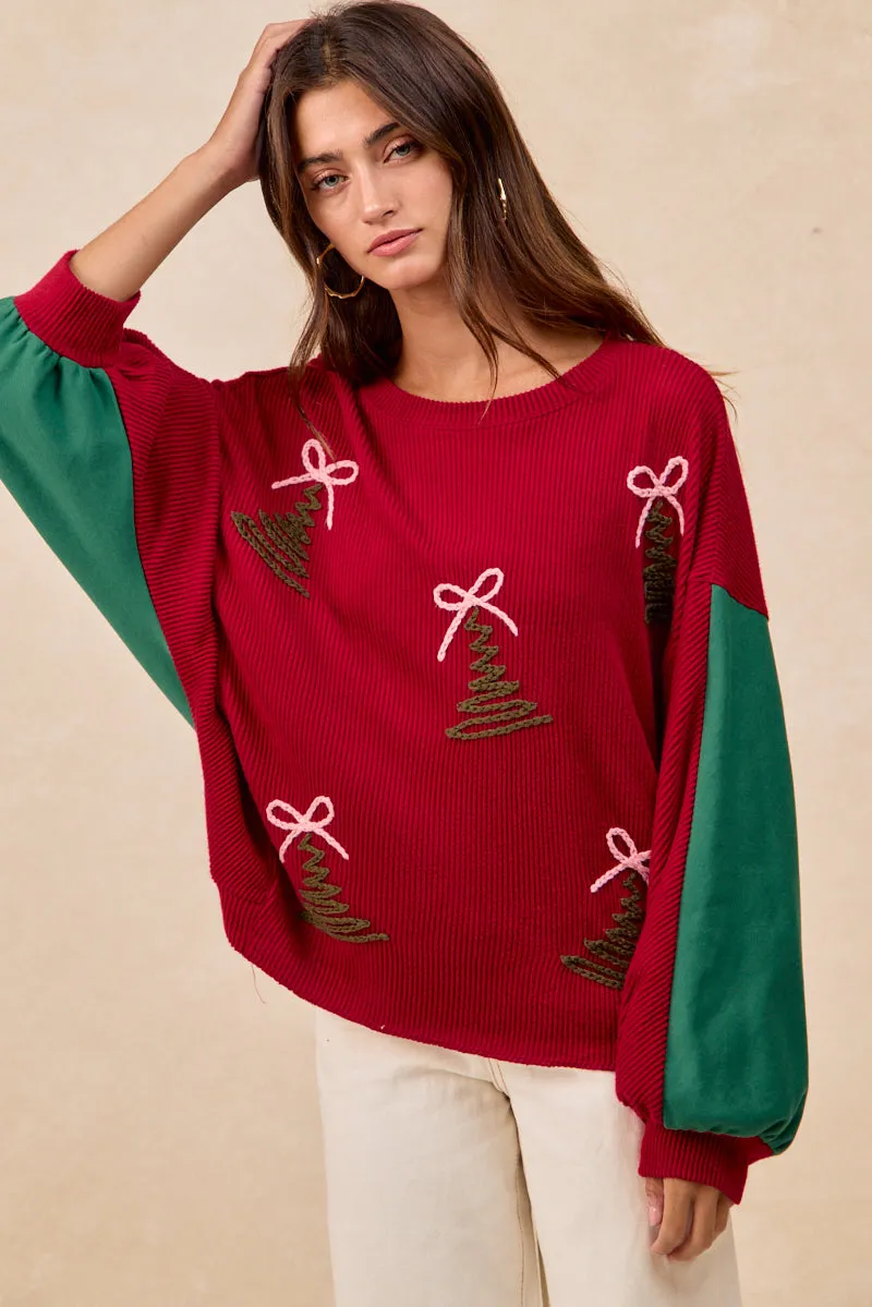 Cool Season IT4459K-01 | CHRISTMAS THEME TREE EMBROIDERED SWEATER TOP