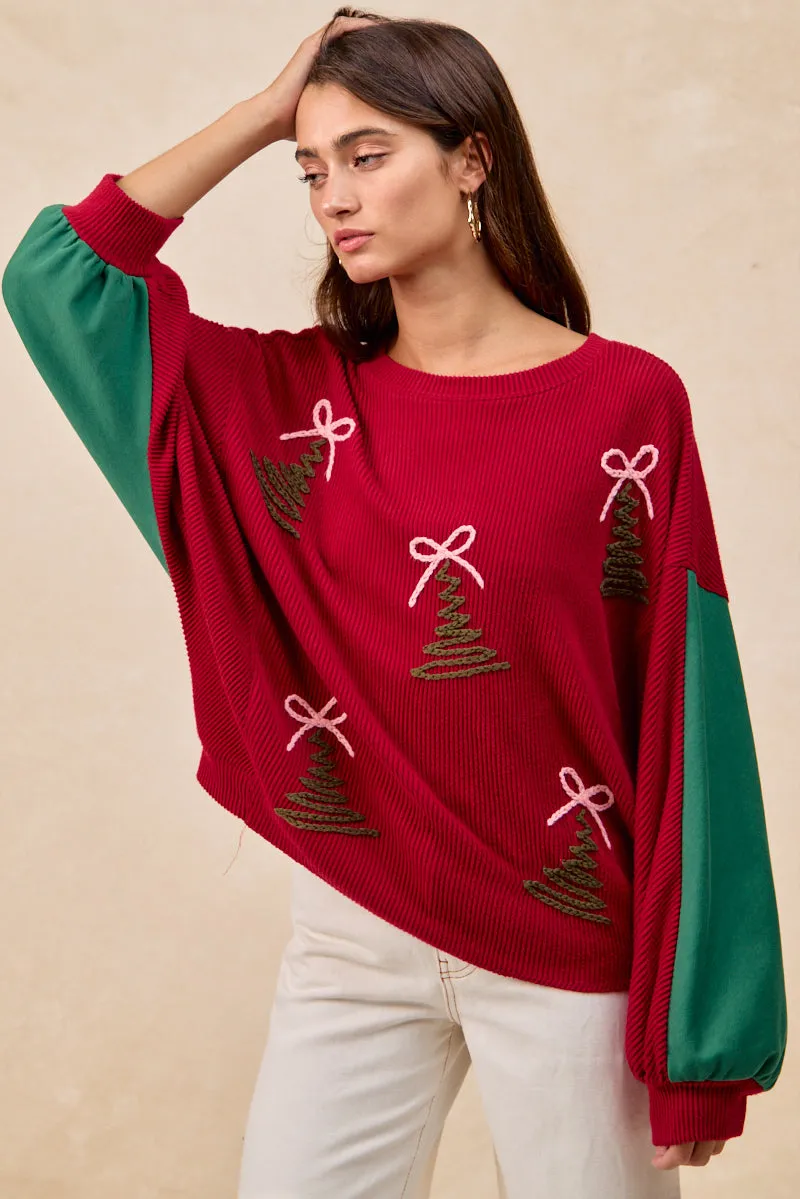 IT4459K-01 | CHRISTMAS THEME TREE EMBROIDERED SWEATER TOP Sleek Outer