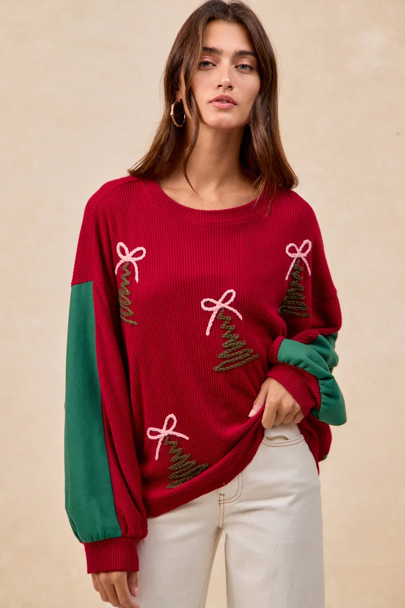 Quilted Pattern Office Wear IT4459K-01 | CHRISTMAS THEME TREE EMBROIDERED SWEATER TOP