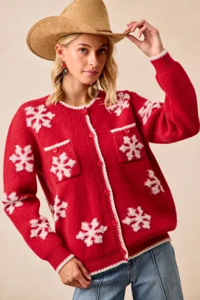 IT4455K-01P | SNOWFLAKE PATTERN CHRISTMAS SWEATER CARDIGAN Embroidered Detail High-rise waist