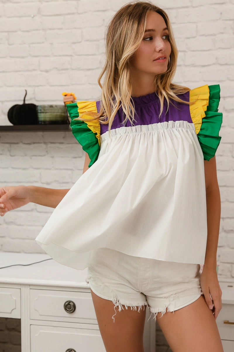 IP6831-09 | LAYERED RUFFLE SLEEVE MARDI GRAS TOP Tailored Comfort Street Look