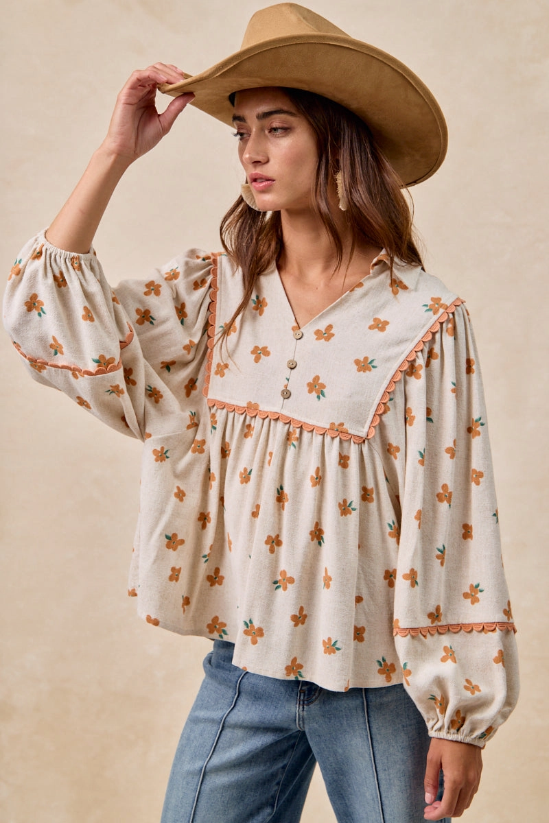 Built-in shorts On The Go IT4532S-01 | FLORAL PRINTED LINEN COLLARED TOP WITH RIC RAC TRIM DETAIL