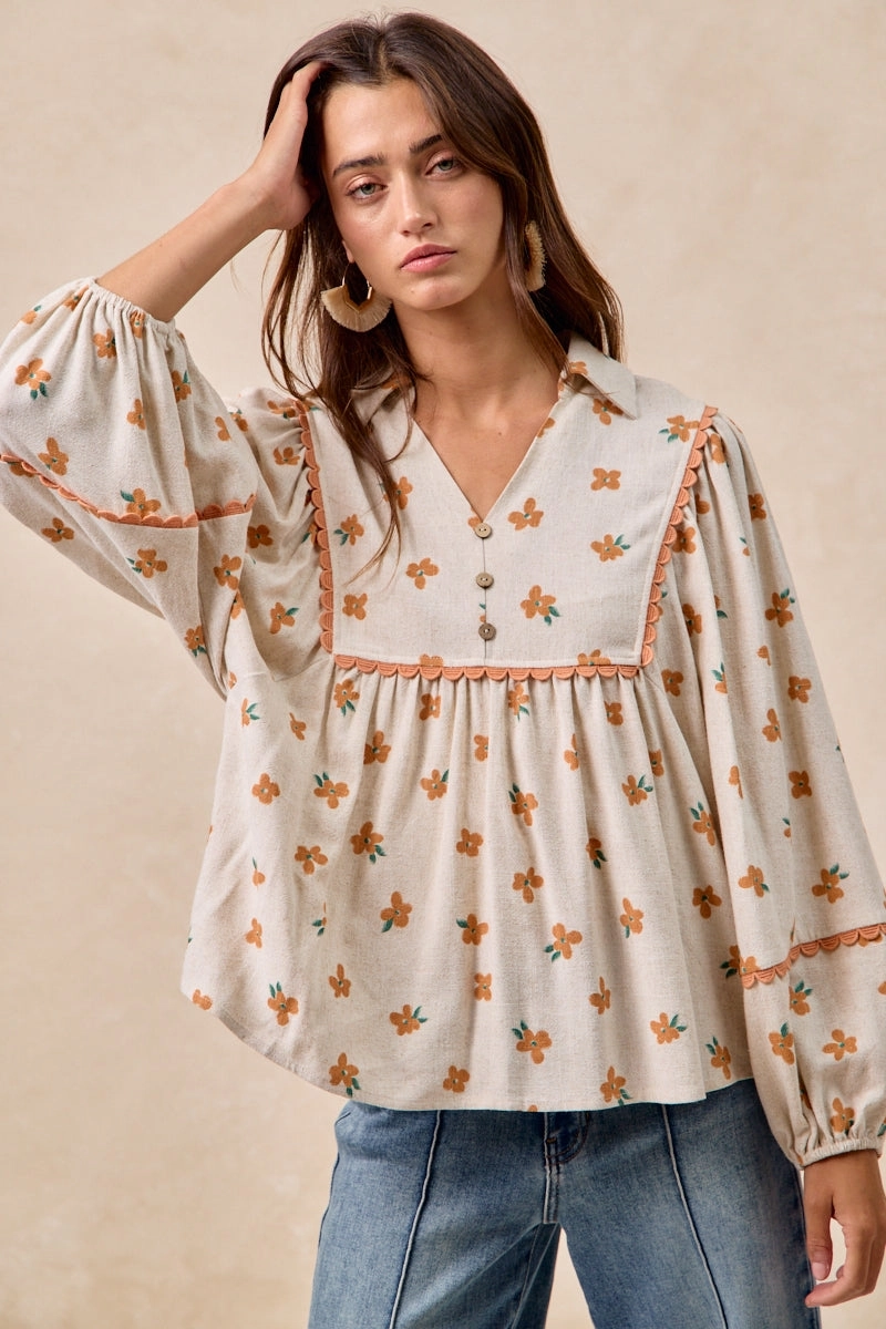 IT4532S-01 | FLORAL PRINTED LINEN COLLARED TOP WITH RIC RAC TRIM DETAIL Core Ease Versatile Waist