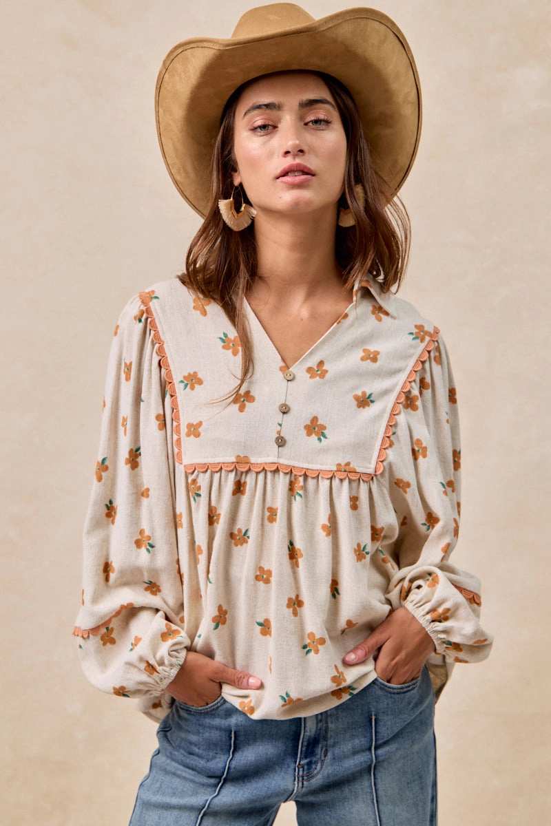Basic Utility Modern Edge IT4532S-01 | FLORAL PRINTED LINEN COLLARED TOP WITH RIC RAC TRIM DETAIL