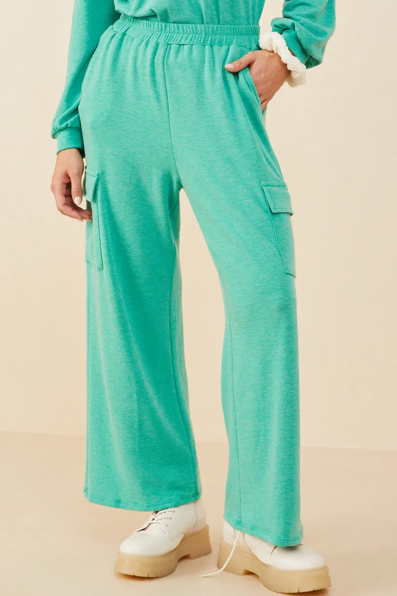 Elastic Waist French Terry Knit Cargo Pants Contrast Trim