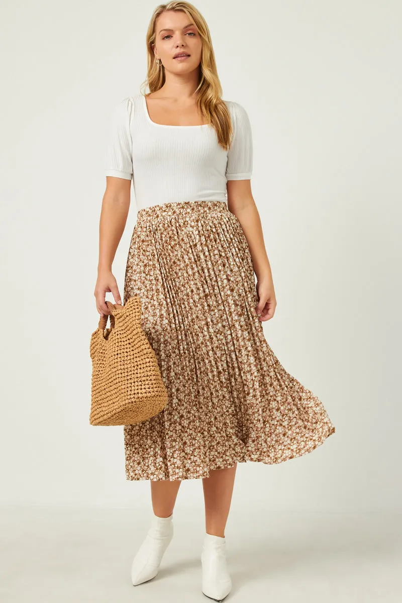 Elastic Waist Pleated Ditsy Floral Midi Skirt Layer Friendly Office Ready