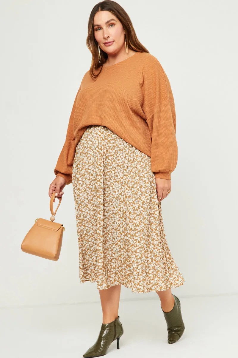 Elastic Waist Pleated Ditsy Floral Midi Skirt Structured fabric