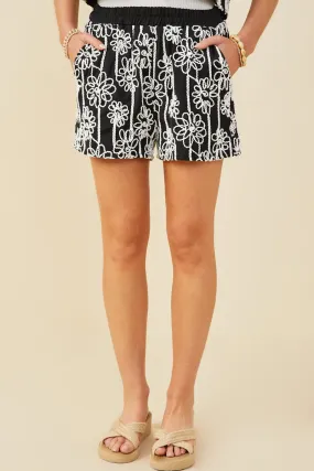 Multi Purpose Daisy Embroidered Elastic Waist Shorts