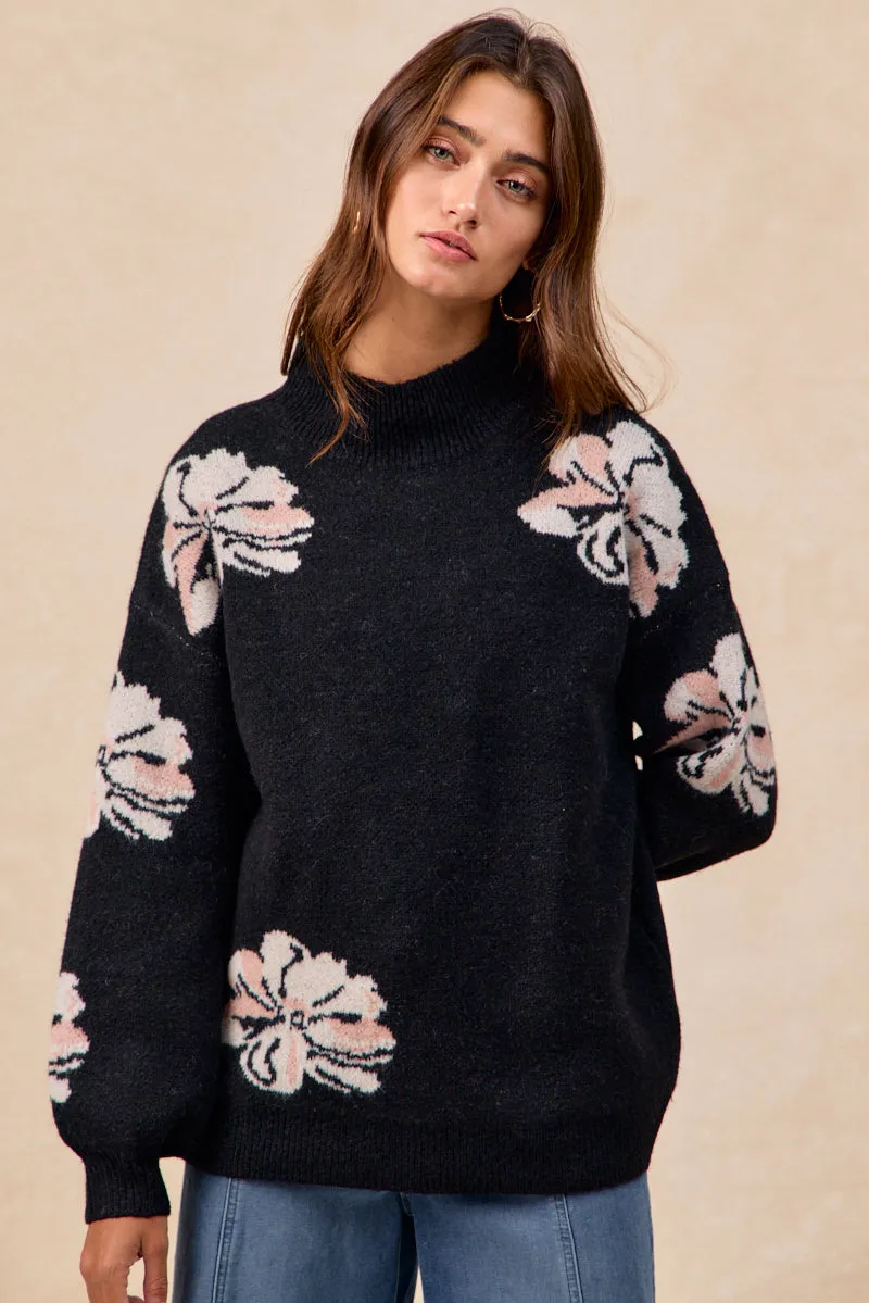 IT4802-01 | FLOWER ARTWORK SWEATER TOP WITH MOCKNECK DETAIL Street Active