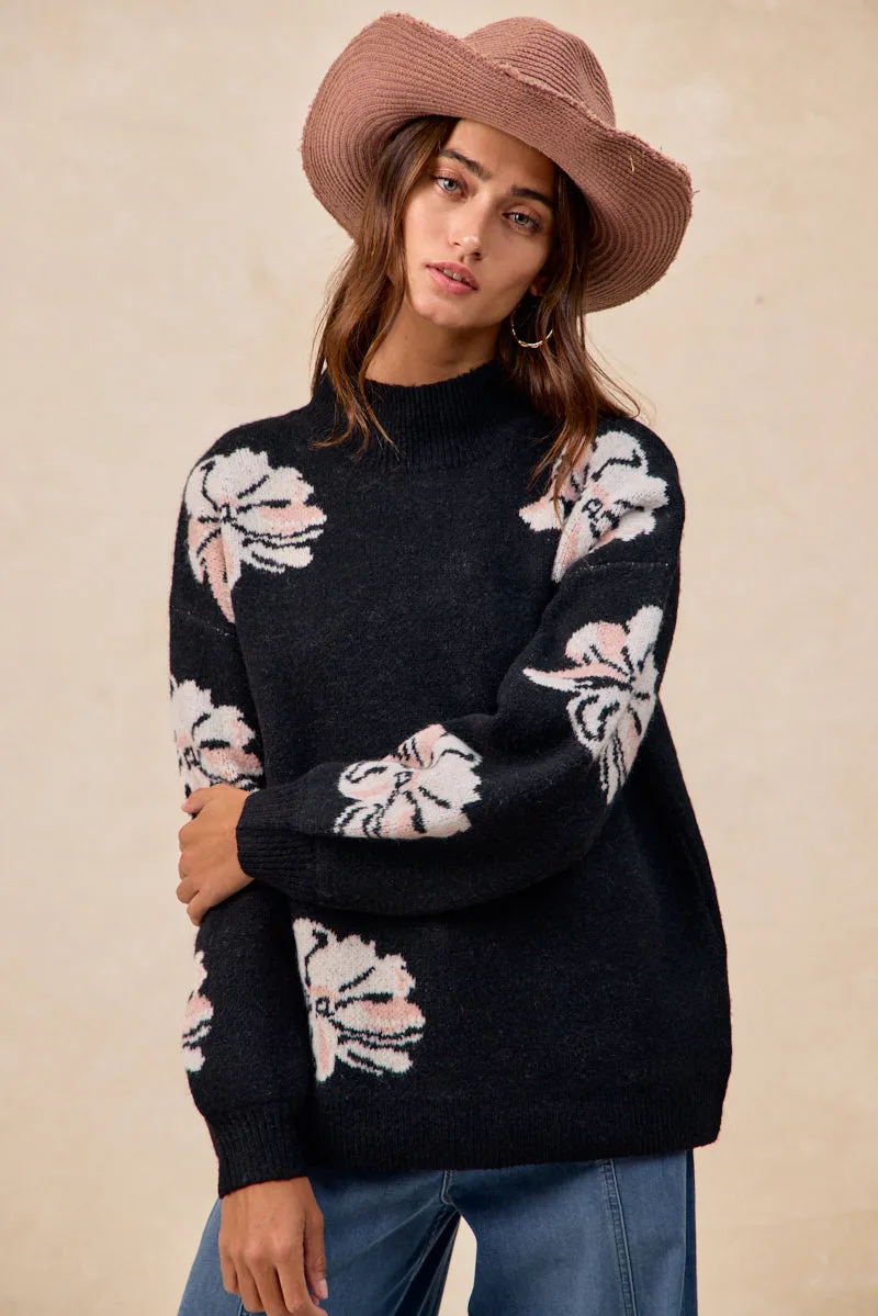 IT4802-01 | FLOWER ARTWORK SWEATER TOP WITH MOCKNECK DETAIL Embroidered Detail Transitional Style