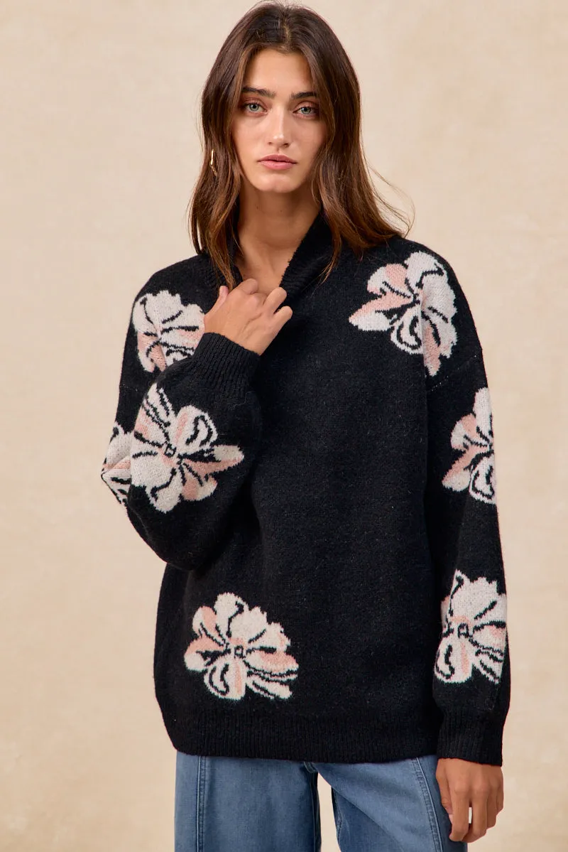 Comfy Waistband Stylish Comfort IT4802-01 | FLOWER ARTWORK SWEATER TOP WITH MOCKNECK DETAIL