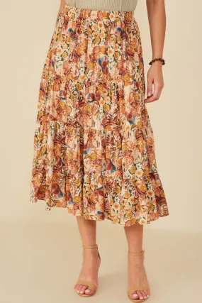 Simple Fit Bohemian Floral Elastic Waist Tiered Skirt