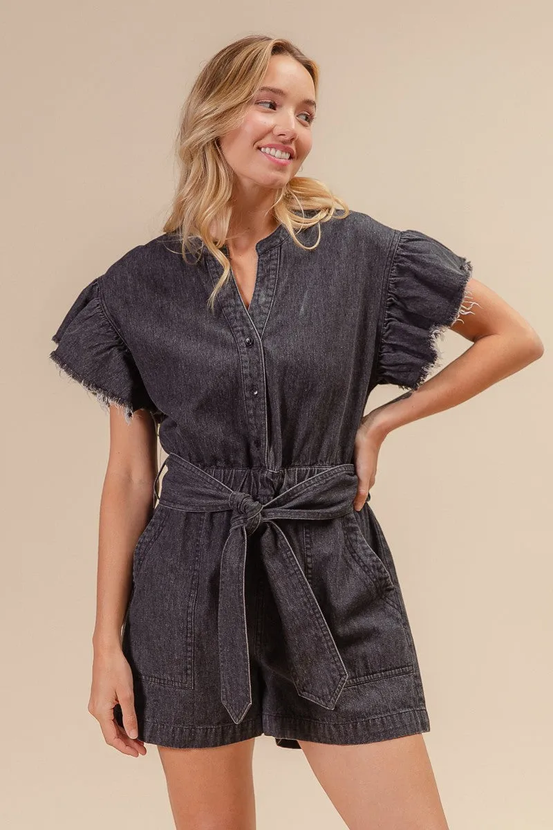 IB1279-01 | RUFFLED ARMHOLE WASHED DENIM ROMPER Active Lifestyle