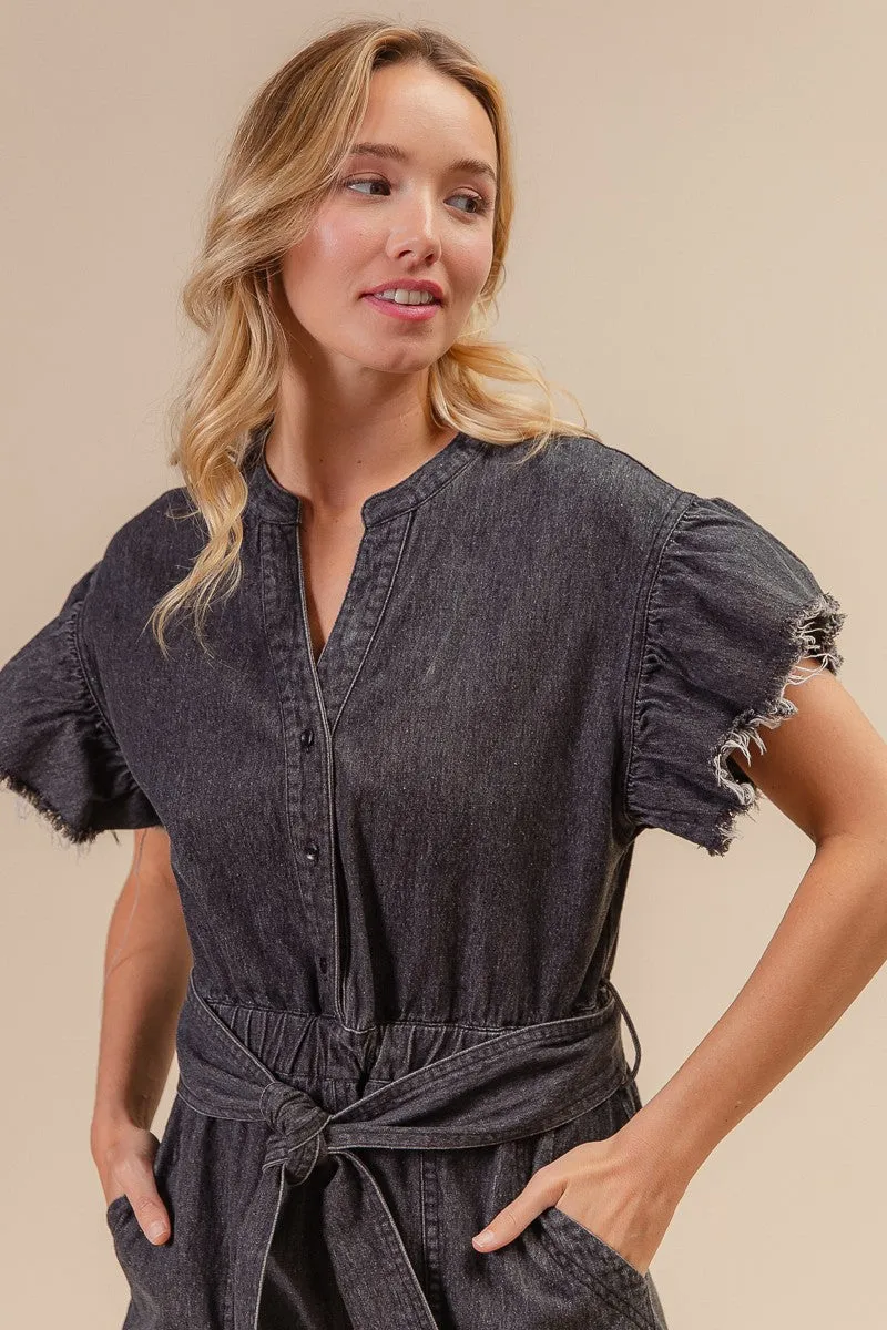 IB1279-01 | RUFFLED ARMHOLE WASHED DENIM ROMPER No Fuss