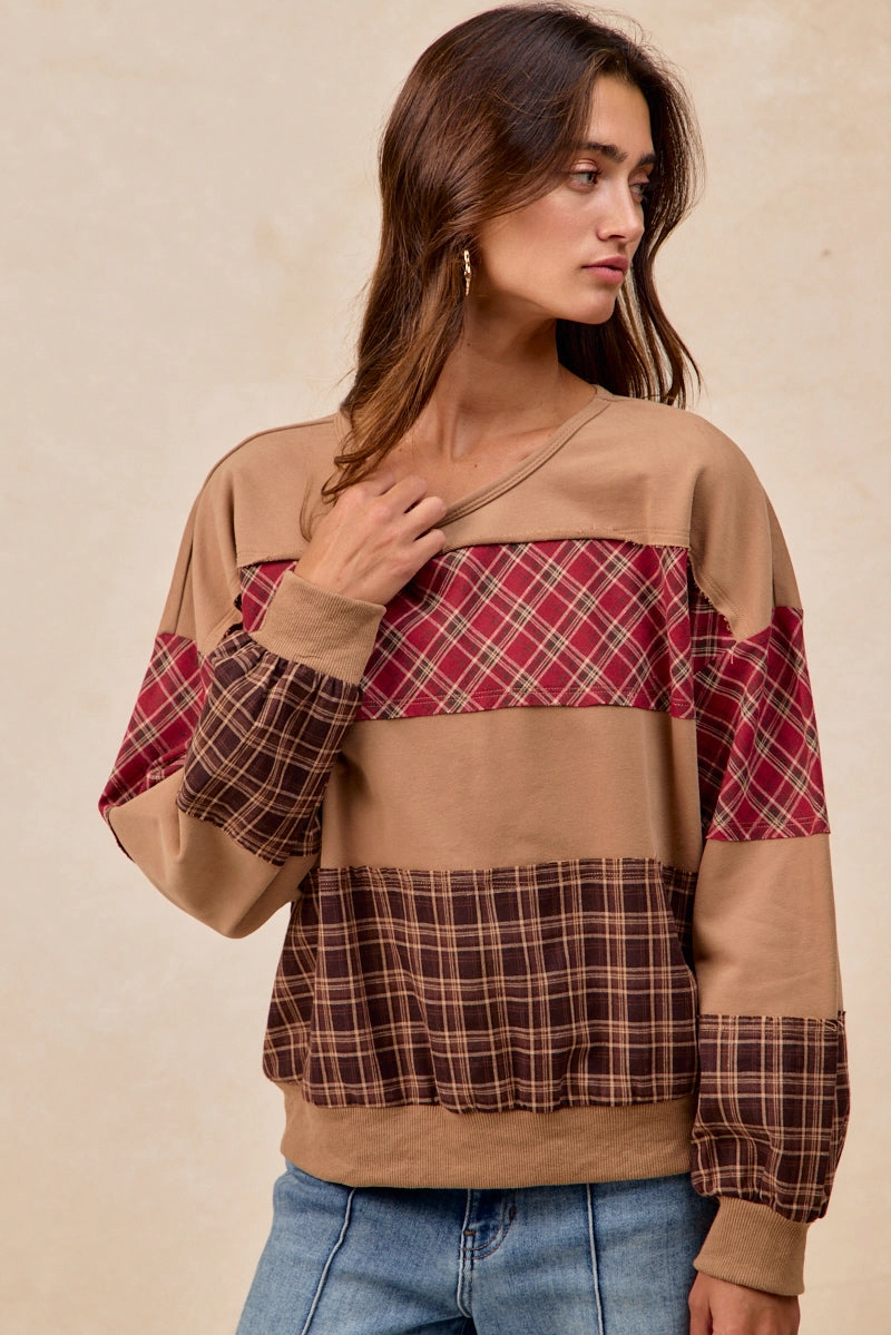 IT4668S-02 | PLAID AND TERRY MIX AND MATCH PULL OVER TOP Easy Elegance Travel Style