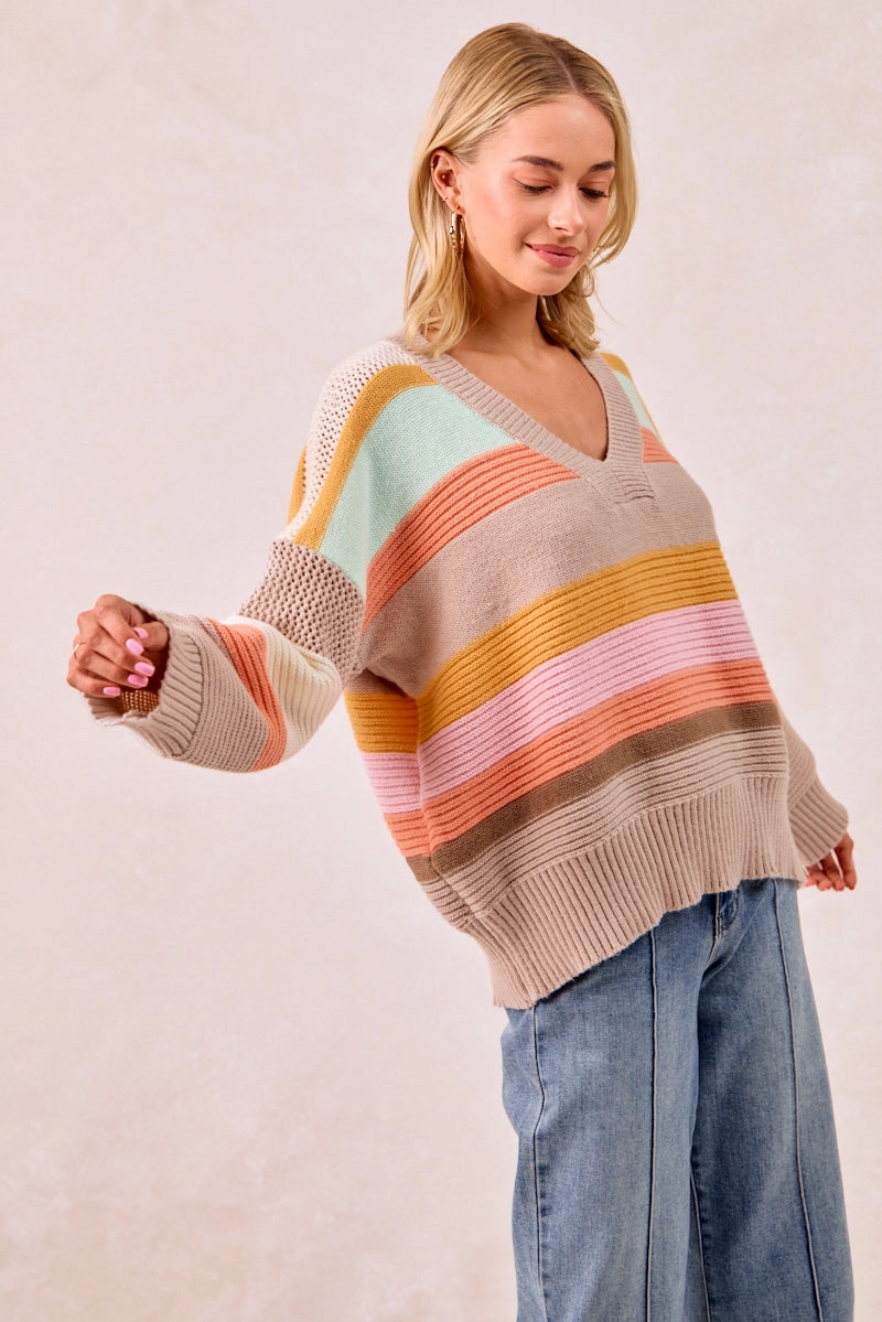 Travel Friendly Functional Ease IT4306R-01 | MULTI COLORS STRIPES RIB BANDED V-NECK SWEATER TOP