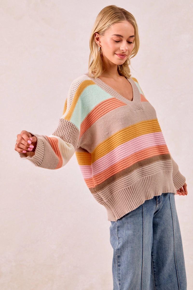 IT4306R-01 | MULTI COLORS STRIPES RIB BANDED V-NECK SWEATER TOP Polyester fabric Premium Quality