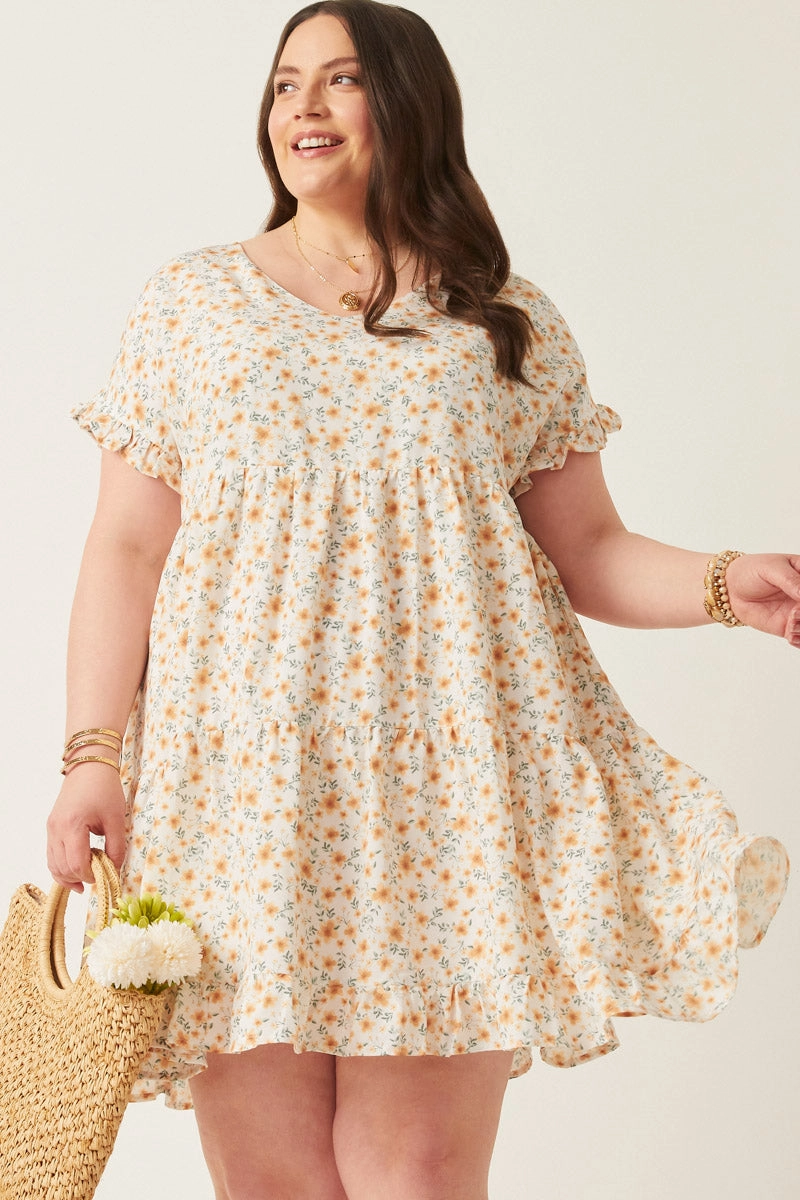 V-Neck Ruffle Short Sleeve Tiered Floral Dress Street Mode