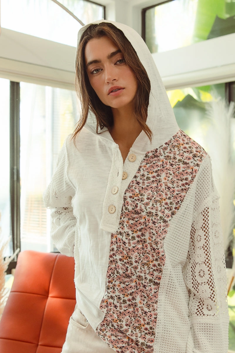 Stylish Outer Layer IT1763S-01 | SLUB JERSEY WITH LACE COMBO BUTTONED HOODIE TOP