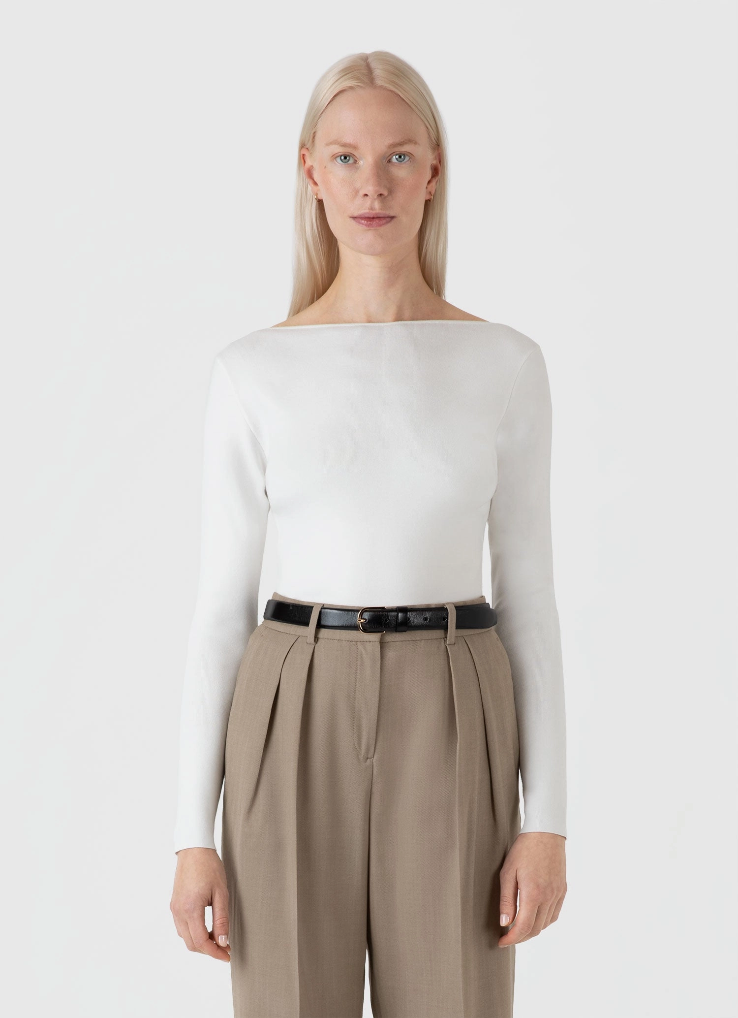 Office Outfit color block detail Women's Viscose Slash Neck Top in Ecru