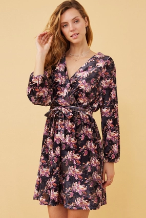 Blue Sky Floral Burnout Velvet Belted Wrap Dress