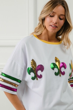 IT3241-01 | SEQUIN FLEUR DE LIS PATCHES MARDI GRAS TOP Flutter-Sleeve Autumn Look