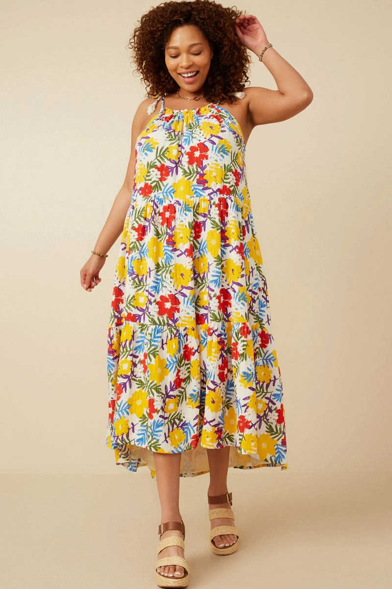 Vivid Floral Tassel Shoulder Tie Linen Blend Dress Inclusive Fit Day Chic