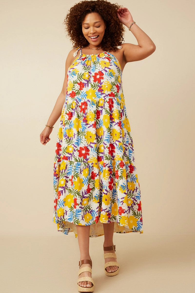 Vivid Floral Tassel Shoulder Tie Linen Blend Dress Everyday-Comfort Daily Movement