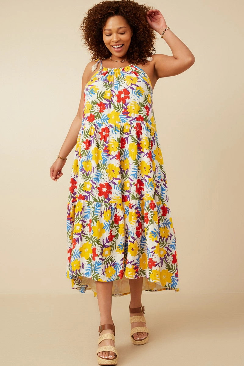 Peach Tone Vivid Floral Tassel Shoulder Tie Linen Blend Dress