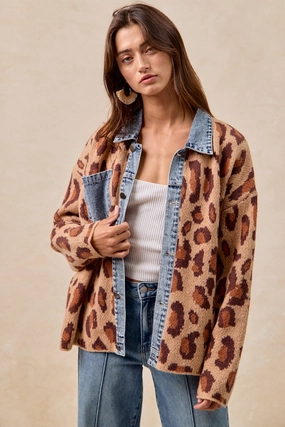 Stretch Motion Daywear IT4420G-04 | WASHED DENIM MIX AND MATCH LEOPARD SWEATER TOP