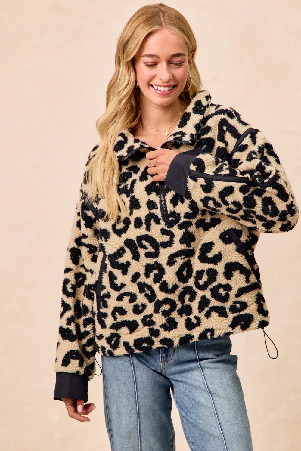 Weekend Outing Wear IT1542S-06 | LEOPARD SHERPA FLEECE HALF ZIP UP TOP WITH POCKETS