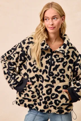 Airy Cloth Functional Fit IT1542S-06 | LEOPARD SHERPA FLEECE HALF ZIP UP TOP WITH POCKETS