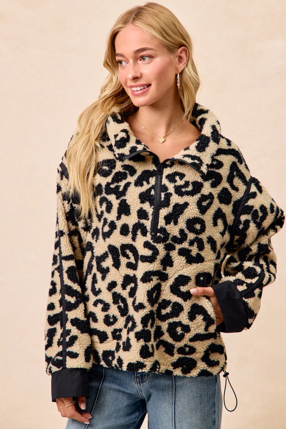 IT1542S-06 | LEOPARD SHERPA FLEECE HALF ZIP UP TOP WITH POCKETS Waist Belt