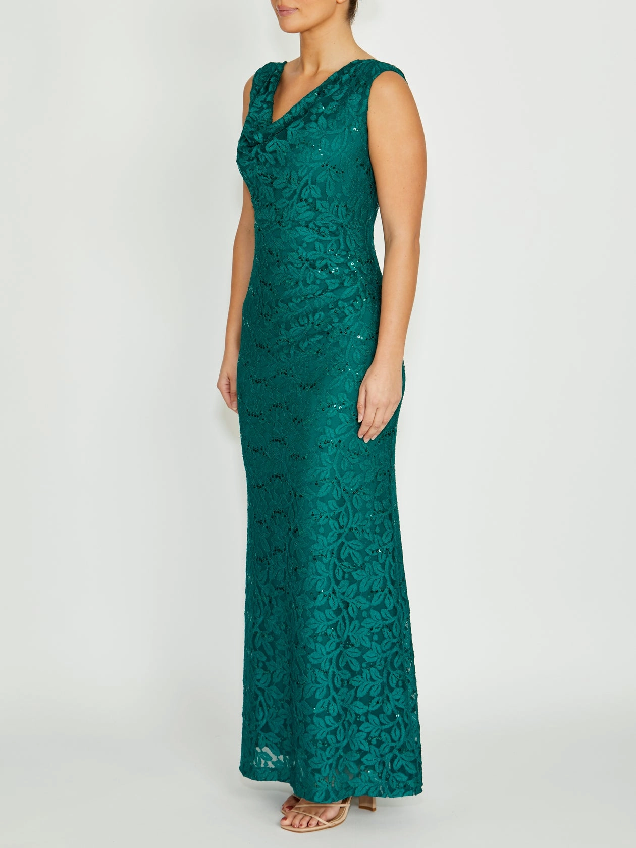 Elisa Green Cowl Neck Gown Solid Color