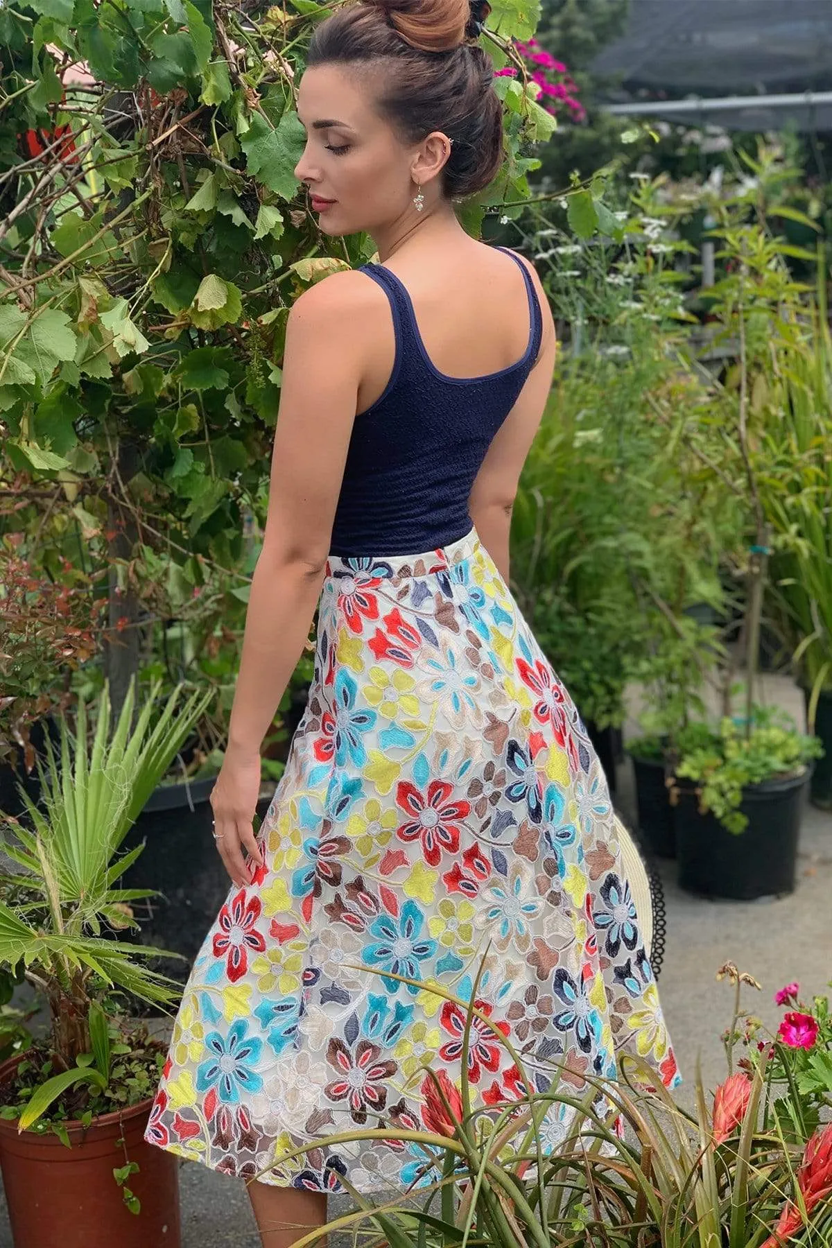 Embroidered Floral Midi Skirt Printed Pattern