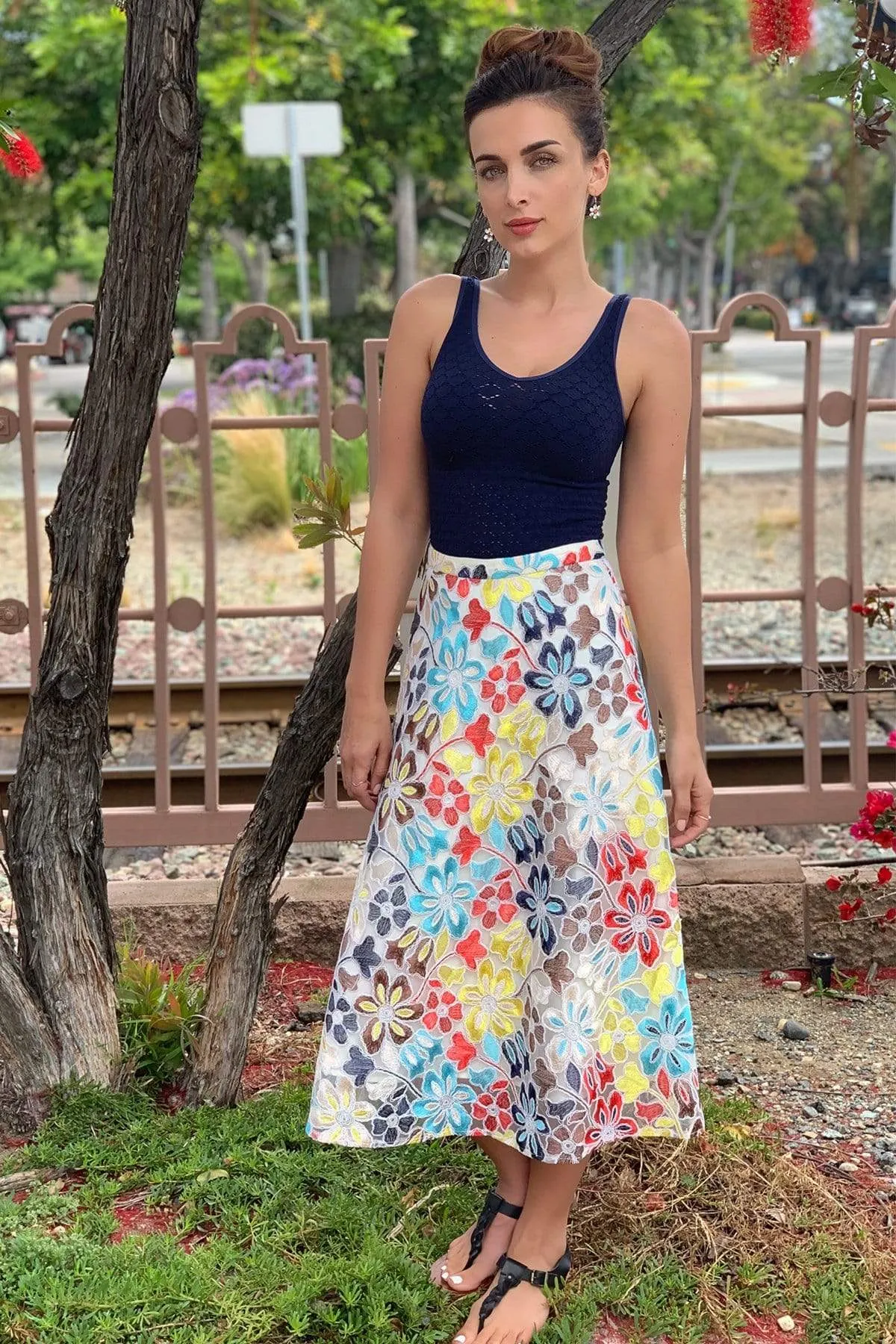 Embroidered Floral Midi Skirt Printed Pattern