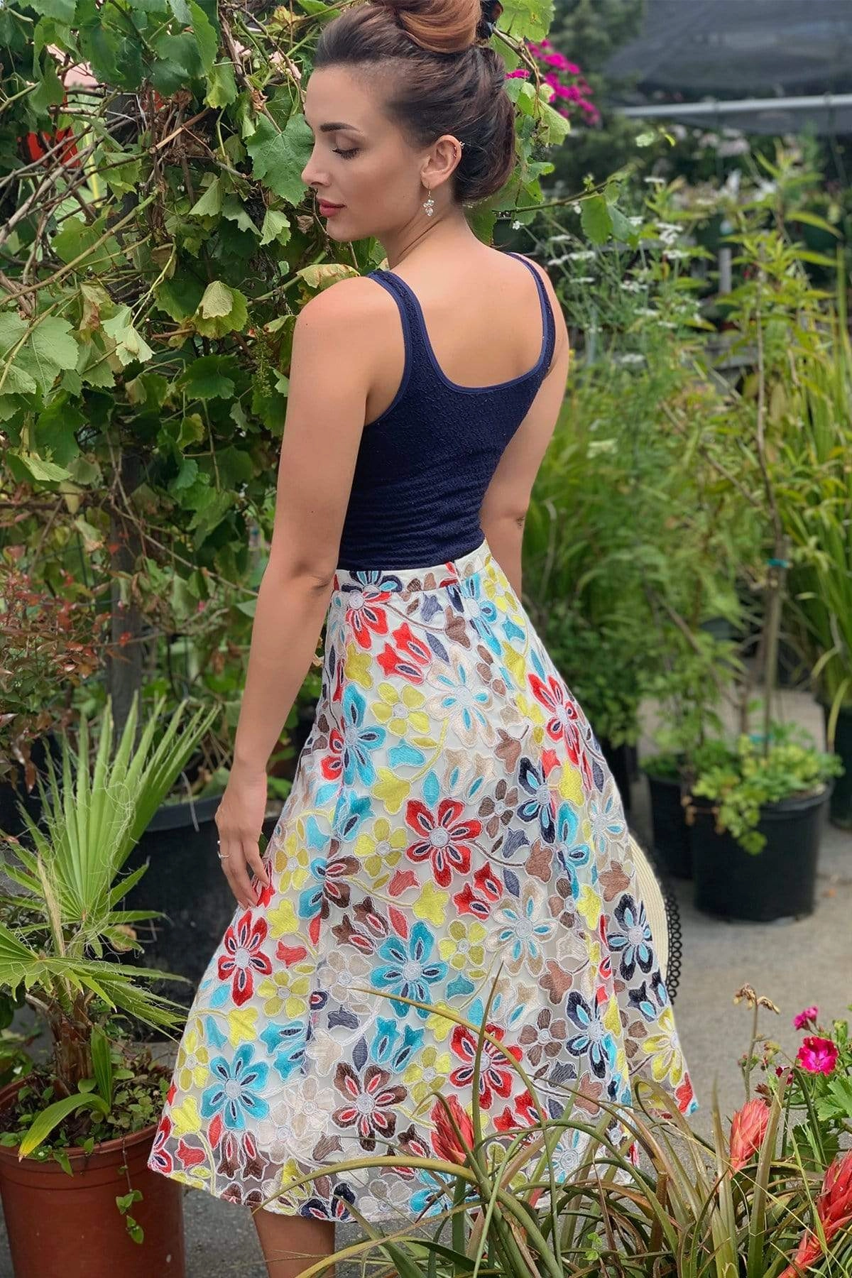 Embroidered Floral Midi Skirt Printed Pattern