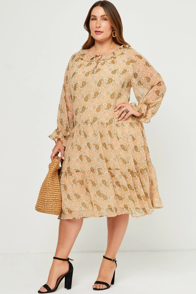 Ruffled Neck Paisley Print Long Sleeve Dress Polished Design Elegant formal outfit