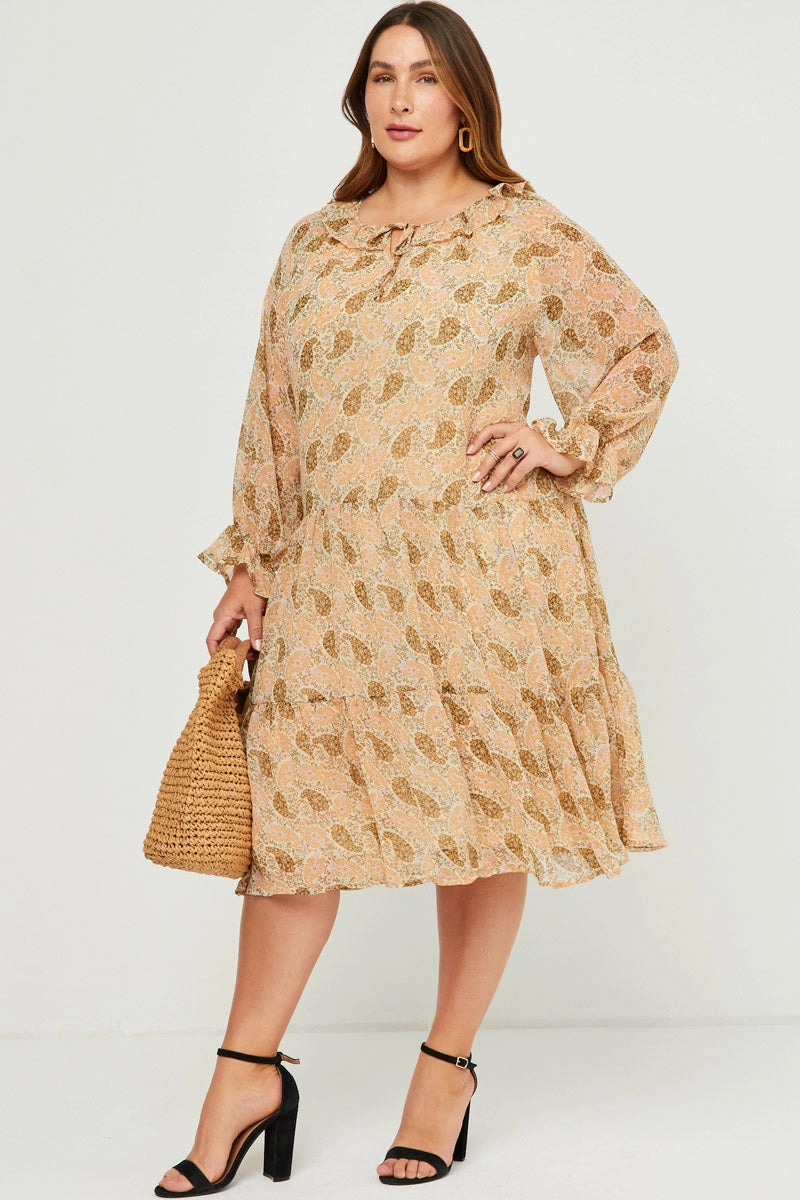 Ruffled Neck Paisley Print Long Sleeve Dress Day-to-evening dress Front Ruffle