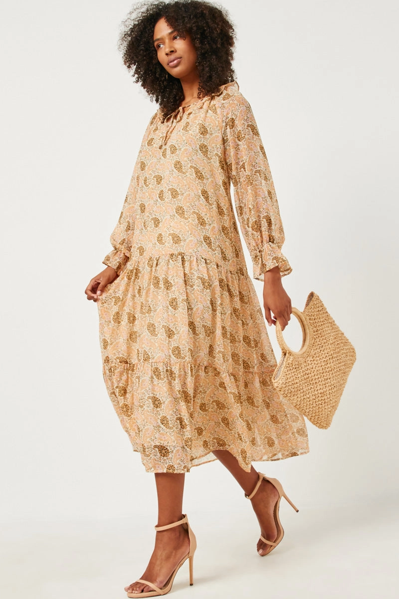 Ruffled Neck Paisley Print Long Sleeve Dress Fresh Flow Spring Style