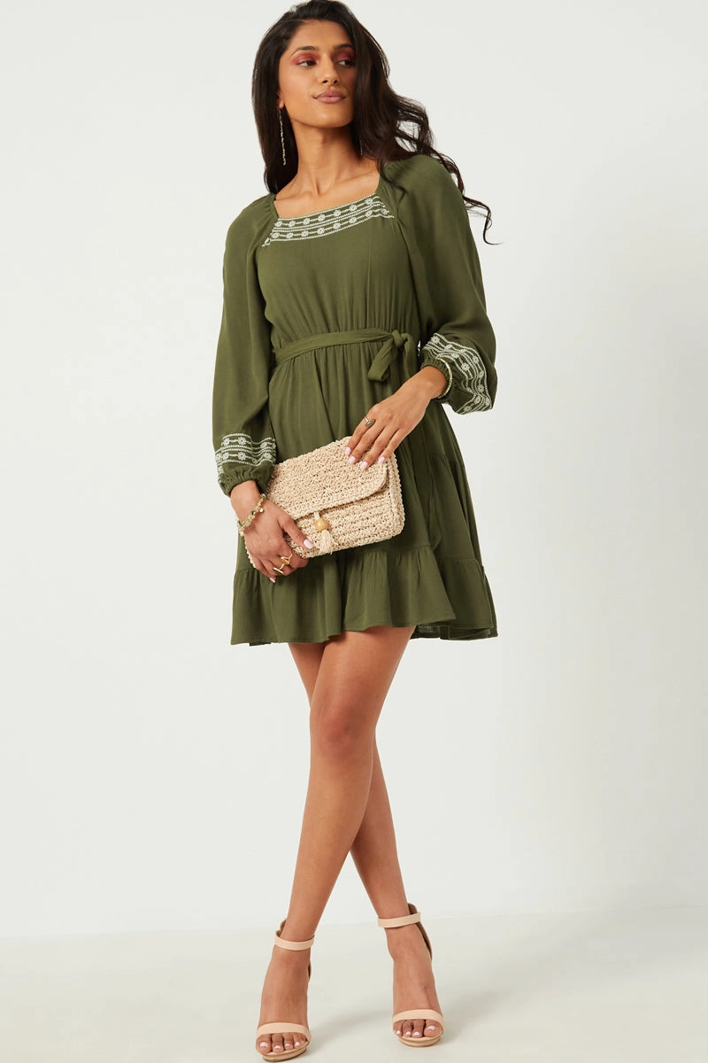 Magic Day Embroidered Square Neck Long Sleeve Belted Dress