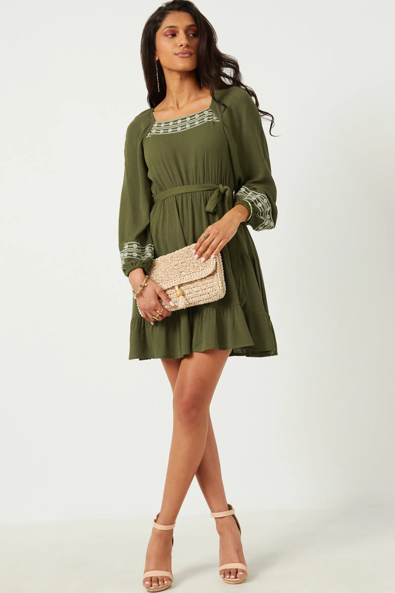 Unique Cut Chill Piece Embroidered Square Neck Long Sleeve Belted Dress