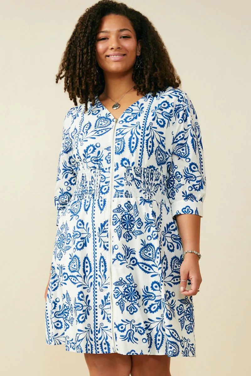 Embroidery Print Smock Waist Zipper Dress Daily Silhouette