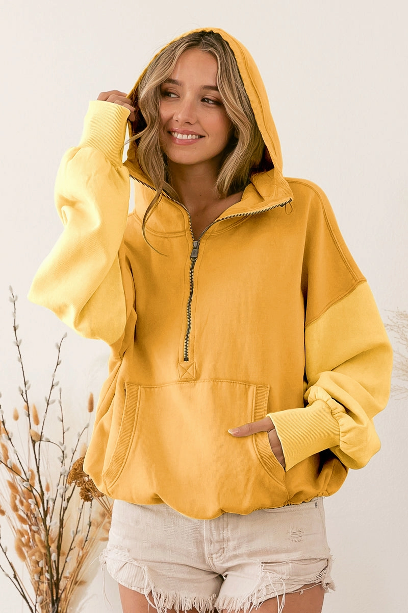 Pattern Print IP8347-02 | COLOR BLOCK ELASTIC HEM FLEECE HOODIE