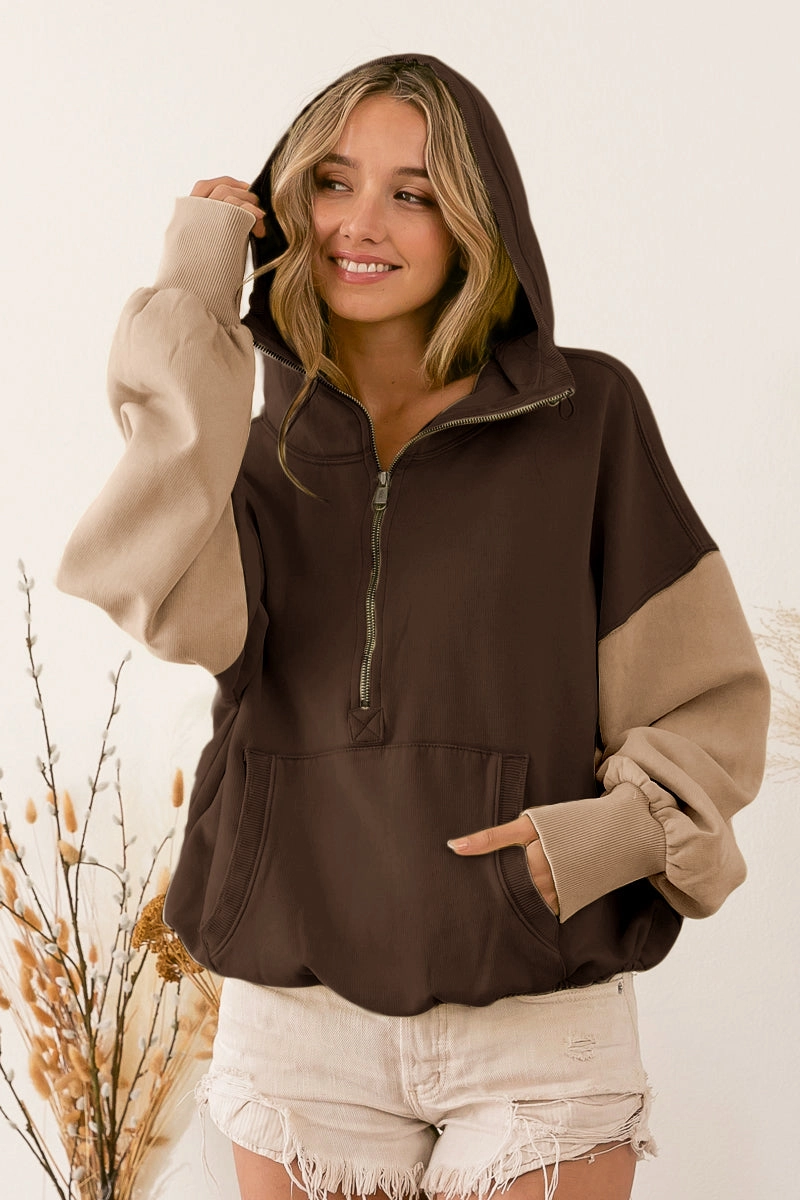 Sleek Layer Look IP8347-02 | COLOR BLOCK ELASTIC HEM FLEECE HOODIE