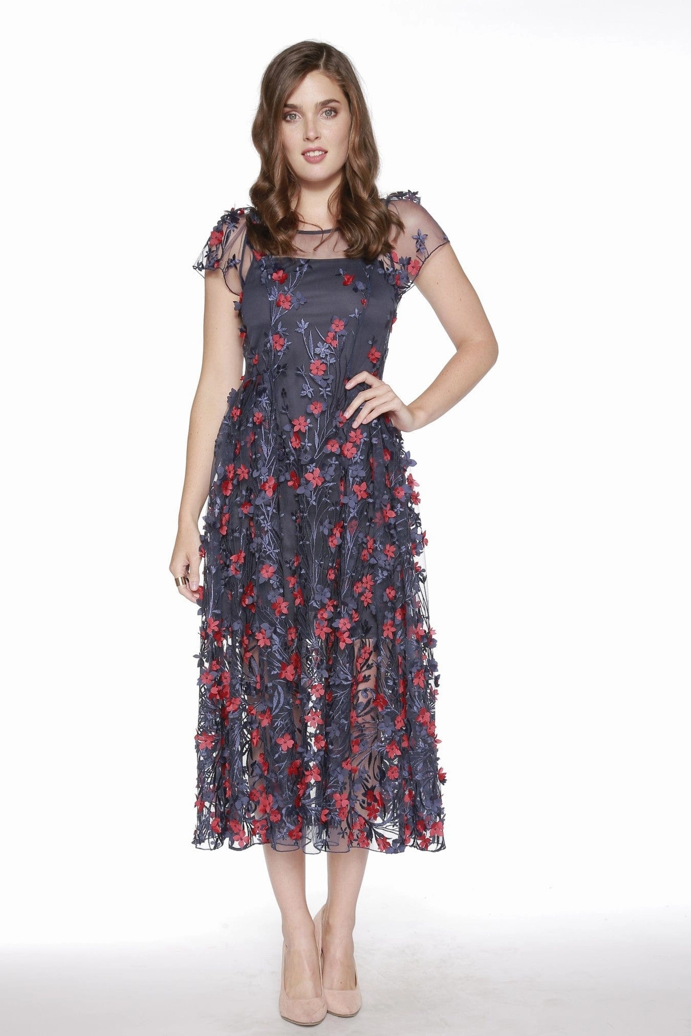 Erika Dress - Red and Navy Petal Square Cut