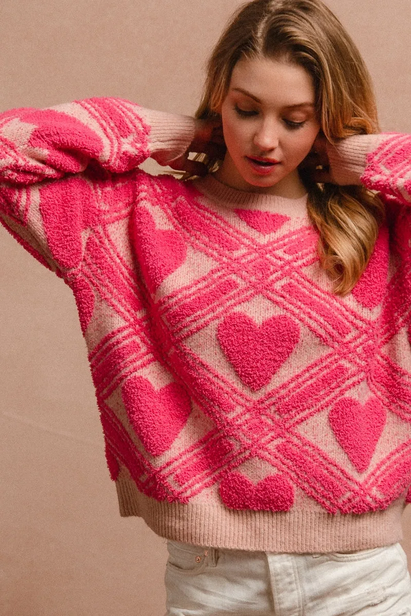 IT1249S-12 | HEART PRINTED TEXTURED SWEATER TOP Simple Outer